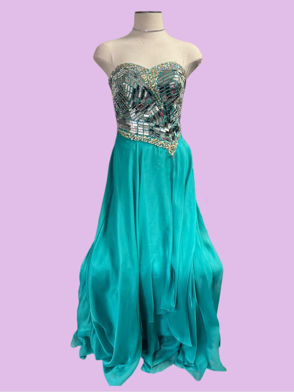 Strapless Beaded Teal Evening Gown